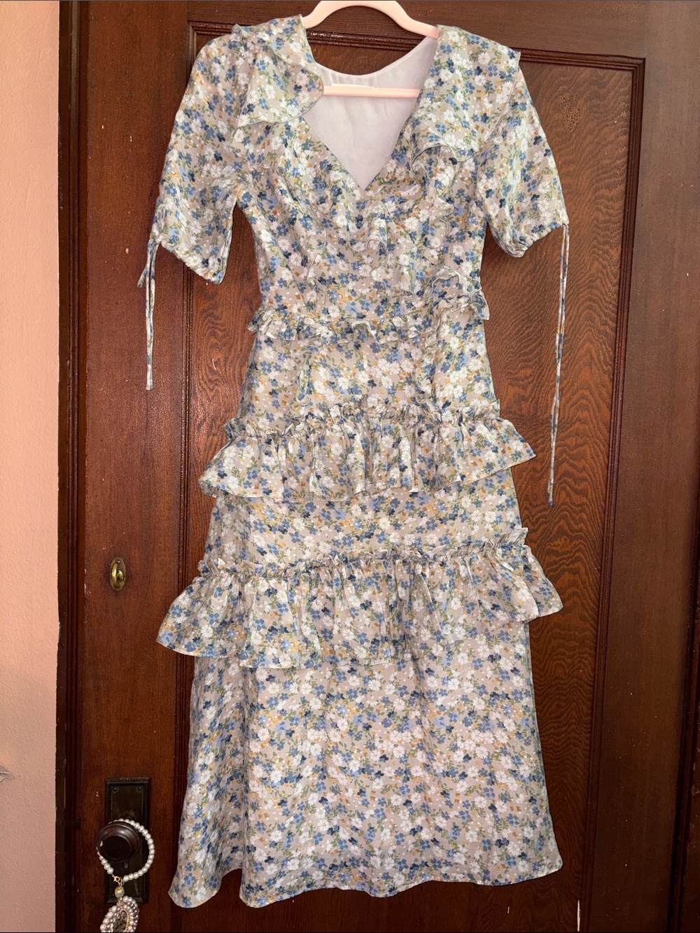 Kernel Cosmos Floral Ruffle Tiered Midi Dress Blue/Cream Feminine Western XS